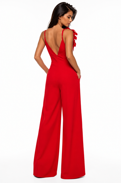 SYLPHE Red Floral Detail Wide Leg Jumpsuit | Elegant Statement Jumpsuit