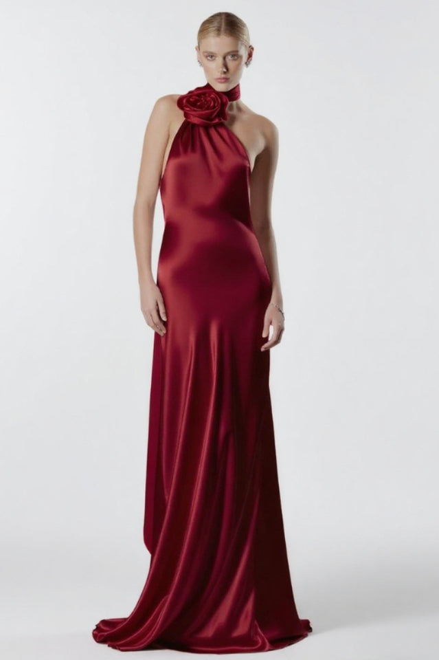 Verna Halter Floral Maxi Satin Dress