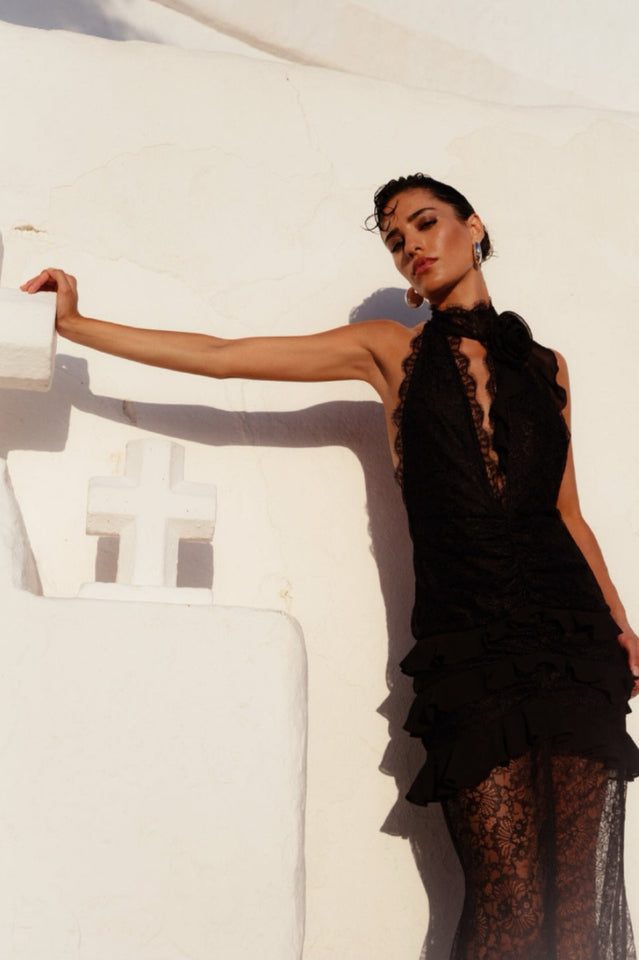 Dario Flower Plunge Lace Maxi Dress