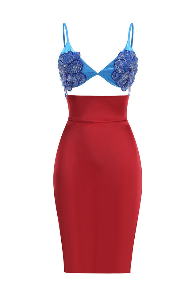 Beaded Applique Lace Up Midi Dress