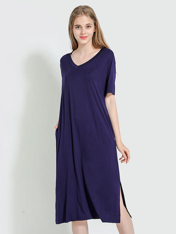 Simple Short Sleeves Loose Split-Side Solid Color V-Neck Pajamas Dress