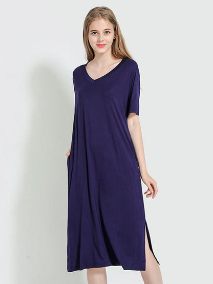 Simple Short Sleeves Loose Split-Side Solid Color V-Neck Pajamas Dress