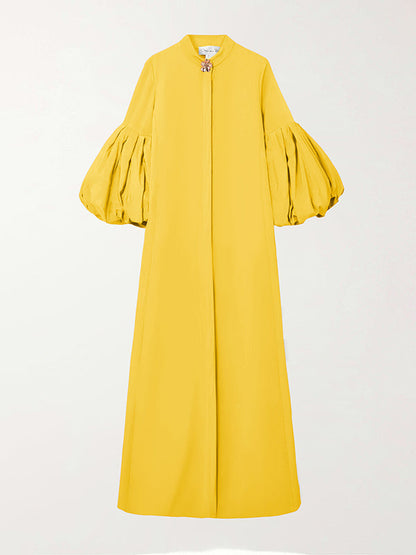 Loose Flower Shape Solid Color Stand Collar Lantern Sleeves Maxi Dresses