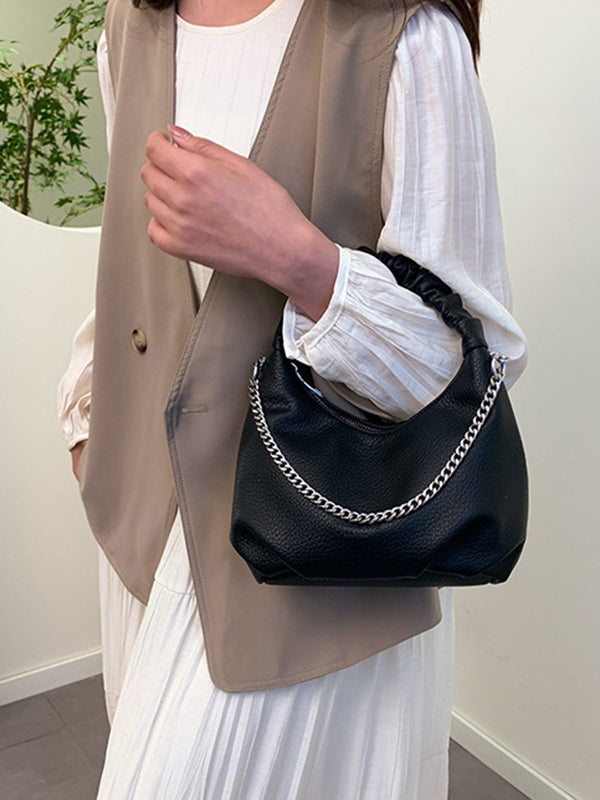 Chains Pleated Solid Color Zipper Crossbody Bags Handbags