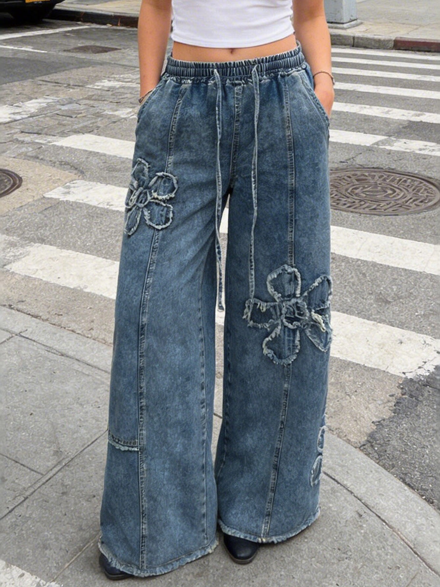 High Waisted Loose Drawstring Elasticity Flower Shape Fringed Solid Color Jean Pants Bottoms