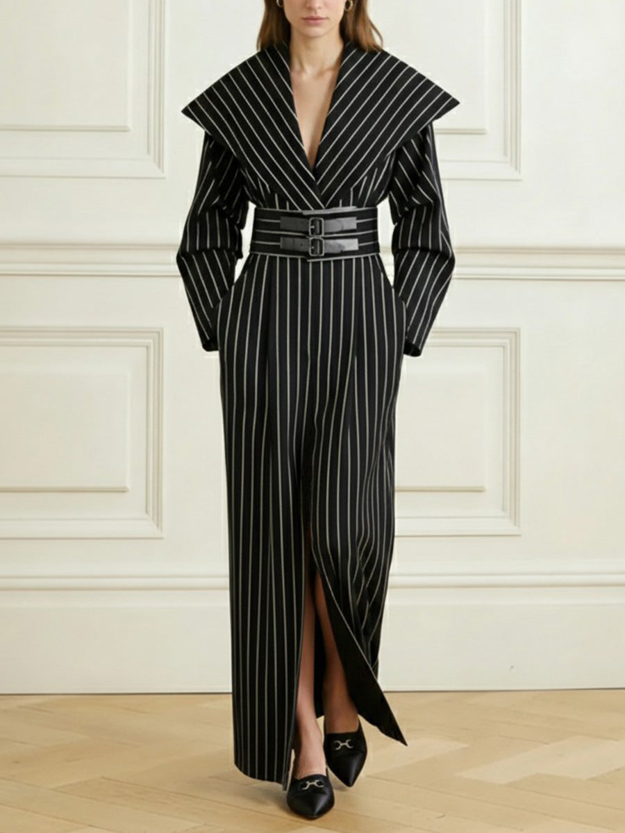 Bodycon Elasticated Waist Belted Contrast Color Split-Front Split-Joint Striped Deep V-Neck Blazer Maxi Dresses