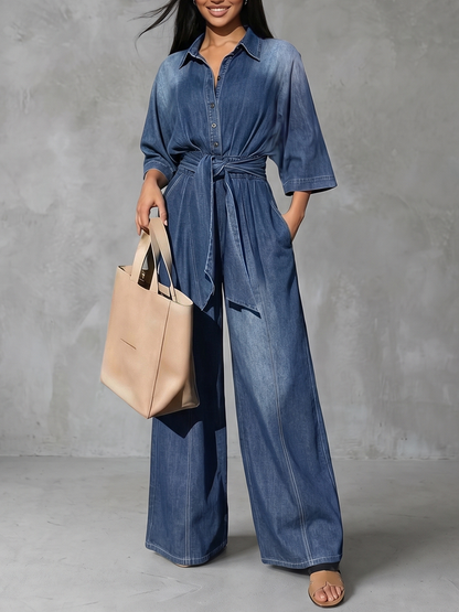 Tied Waist Pockets Gradient Buttoned Loose High Waisted Lapel Jumpsuits