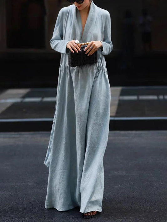 Long Sleeves Loose Elasticity Solid Color V-Neck Maxi Dresses