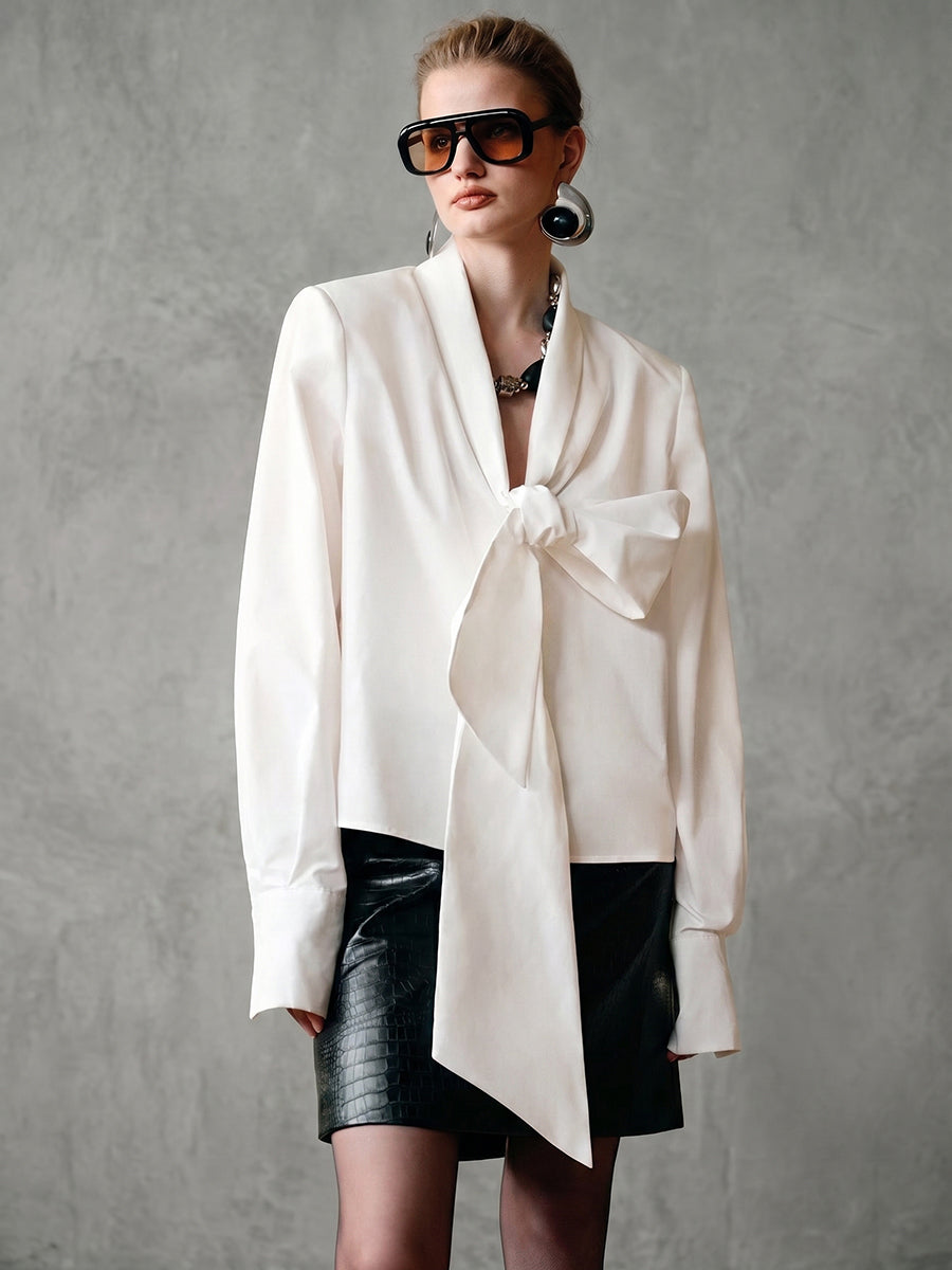 Long Sleeves Bowknot Solid Color Bow Collar Blouses&Shirts Tops