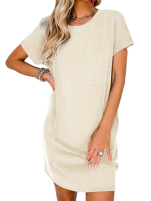 A-Line Loose Contrast Color Pockets Split-Joint Striped Round-Neck Mini Dresses