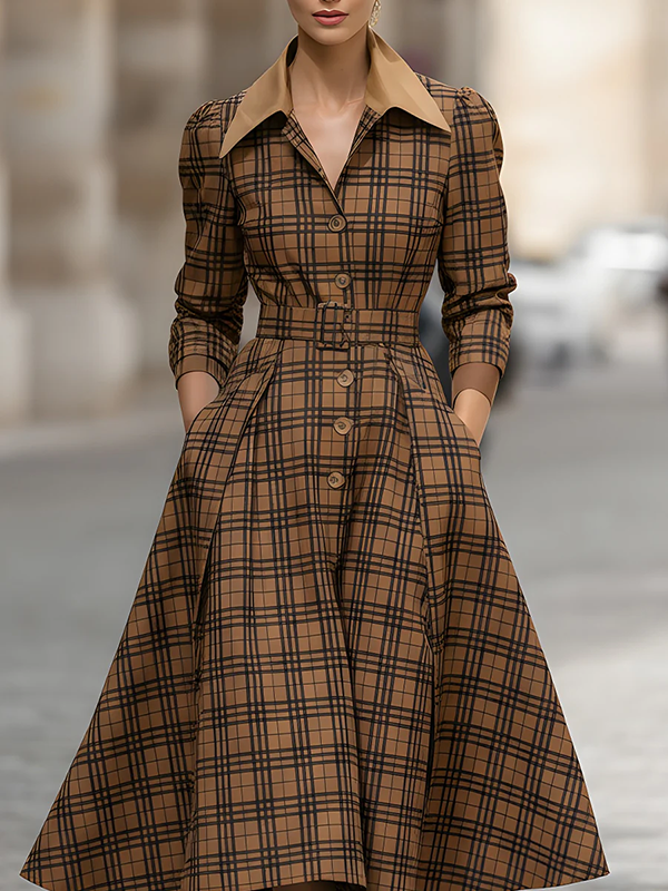 High Waisted Three-Quarter Sleeves Belted Buttoned Plaid Pleated Pockets Lapel Midi Dresses