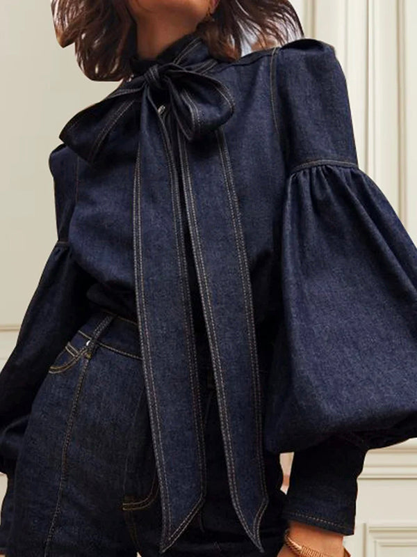Tied Split-Joint Buttoned Bow-Embellished Puff Sleeves Long Sleeves High Neck Blouses&shirts Tops