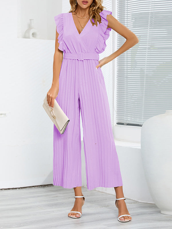 High Waisted Loose Belted Pleated Ruffled Solid Color V-Neck Jumpsuits