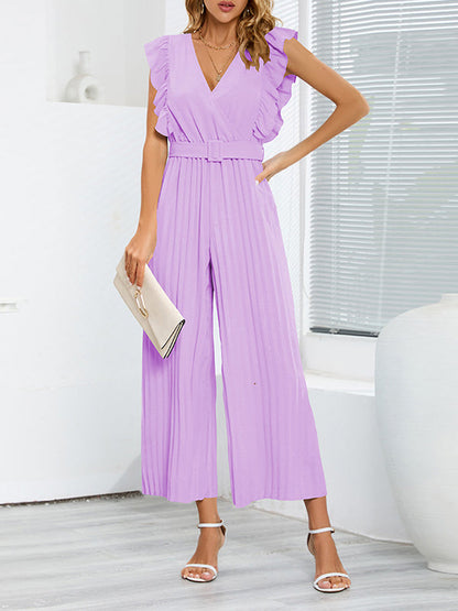 High Waisted Loose Belted Pleated Ruffled Solid Color V-Neck Jumpsuits