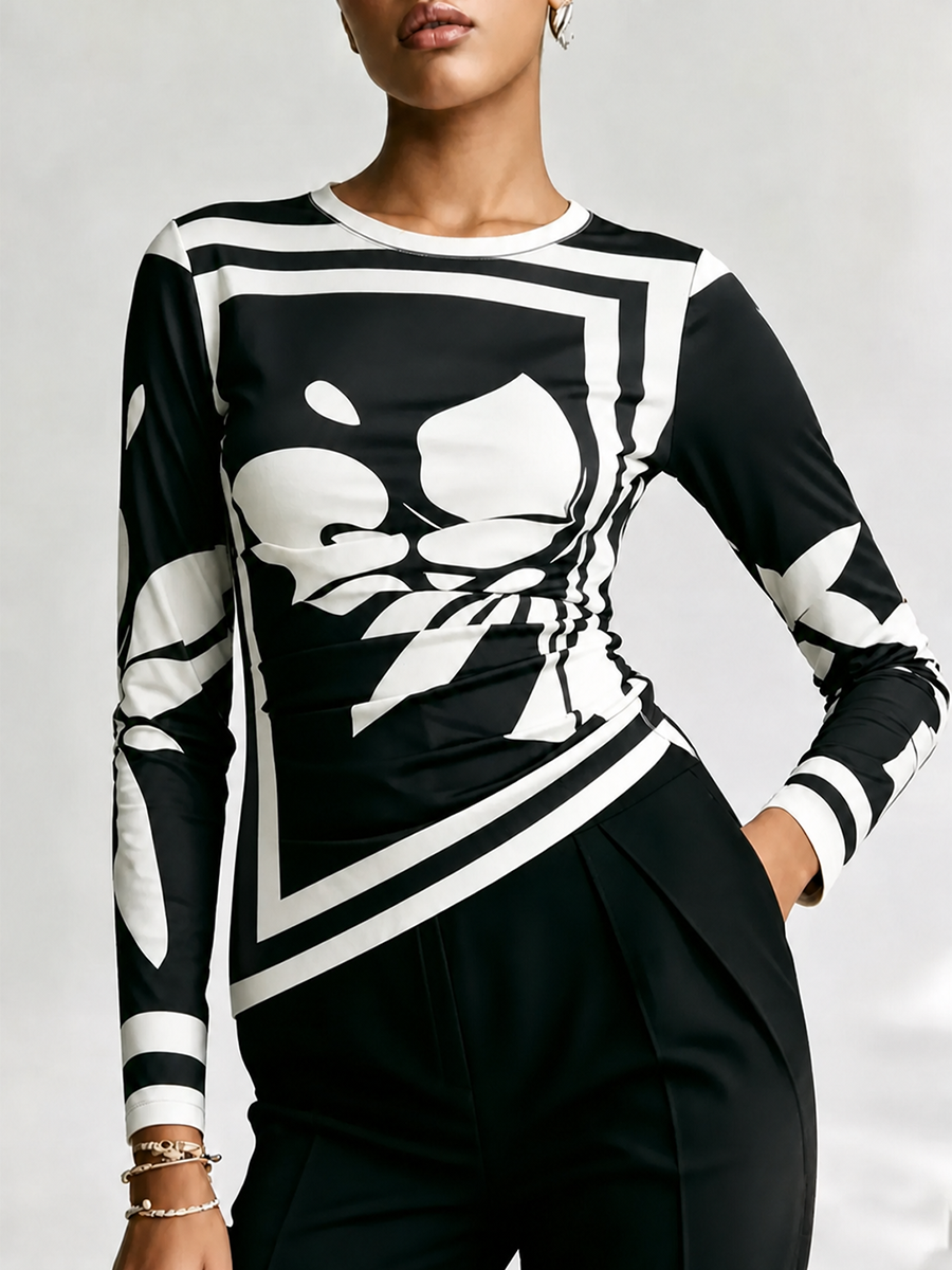 Pleated Flower Print Contrast Color Asymmetric Skinny Long Sleeves Round-neck T-Shirts Tops