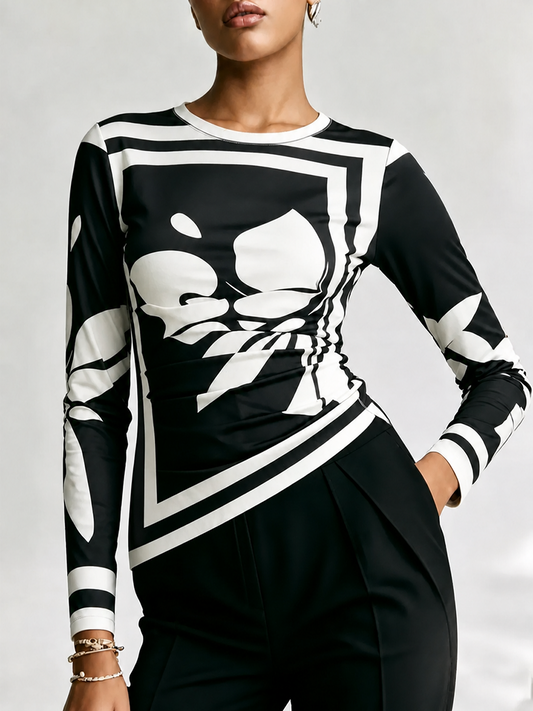Pleated Flower Print Contrast Color Asymmetric Skinny Long Sleeves Round-neck T-Shirts Tops