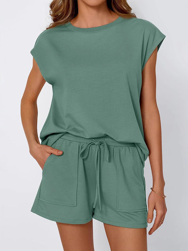Loose Raglan Sleeve Solid Color Split-Joint Round-Neck T-Shirt + Drawstring Elasticity Shorts Two Pieces Set