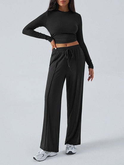 Long Sleeves Loose Solid Color Round-Neck T-Shirt Top + Drawstring Elasticity Pockets Pants Bottom Two Pieces Set
