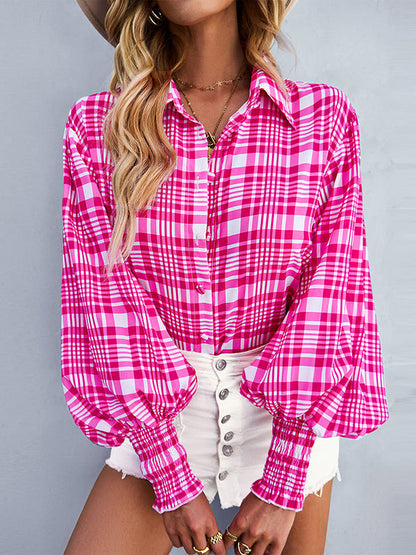 Long Sleeves Loose Buttoned Contrast Color Elasticity Plaid Lapel Blouses&Shirts Tops