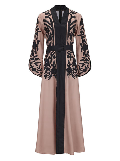 A-line Flared Sleeves Printed Tied Waist V-neck Maxi Dresses