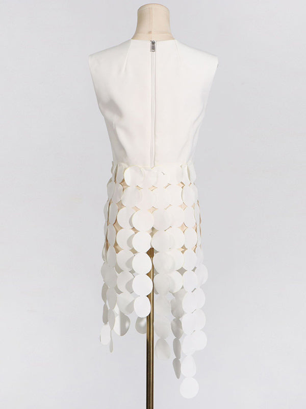 Haut sans manches à pois, couleur unie, col rond, pompons fendus 