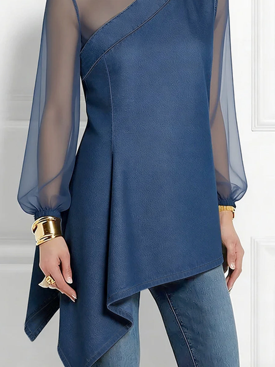 Split-Joint Mesh Asymmetric Puff Sleeves Long Sleeves Mock Neck Blouses&Shirts Tops