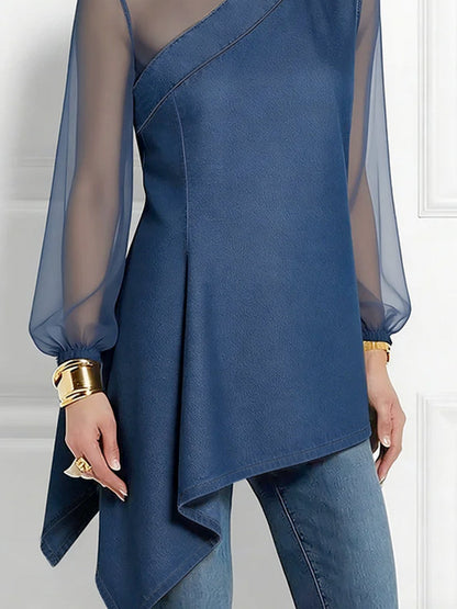 Split-Joint Mesh Asymmetric Puff Sleeves Long Sleeves Mock Neck Blouses&Shirts Tops
