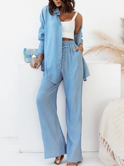 Solid Color High-Low Long Sleeves Lapel Blouses + Drawstring Pants Two Pieces Set