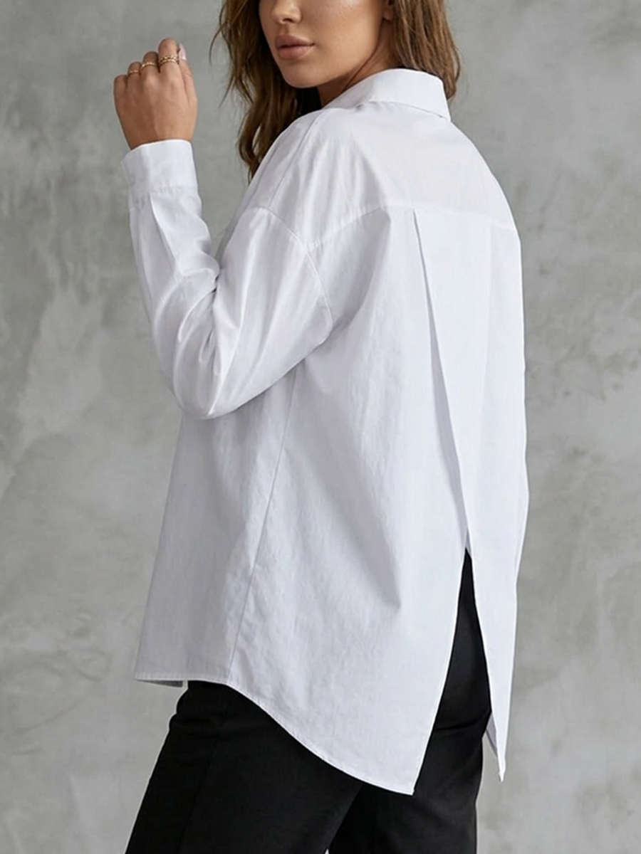 Long Sleeves Loose Buttoned Solid Color Split-Back Lapel Blouses&Shirts Tops