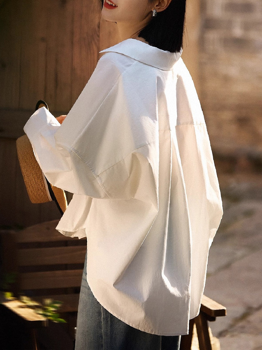 High-Low Long Sleeves Pleated Solid Color Split-Joint Lapel Blouses&Shirts Tops