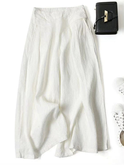 Pantalon ample en coton ramie de couleur unie, grande taille, jambes larges 