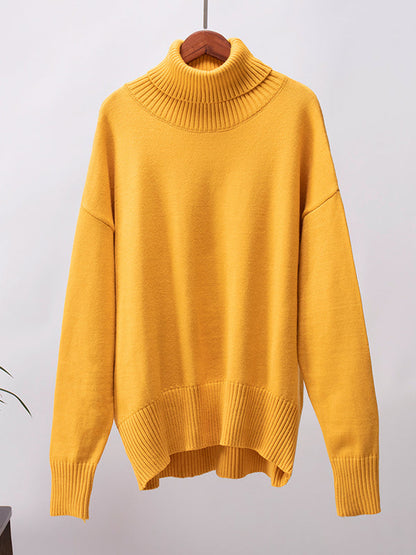 High-Low Long Sleeves Solid Color Split-Joint High Neck Sweater Tops