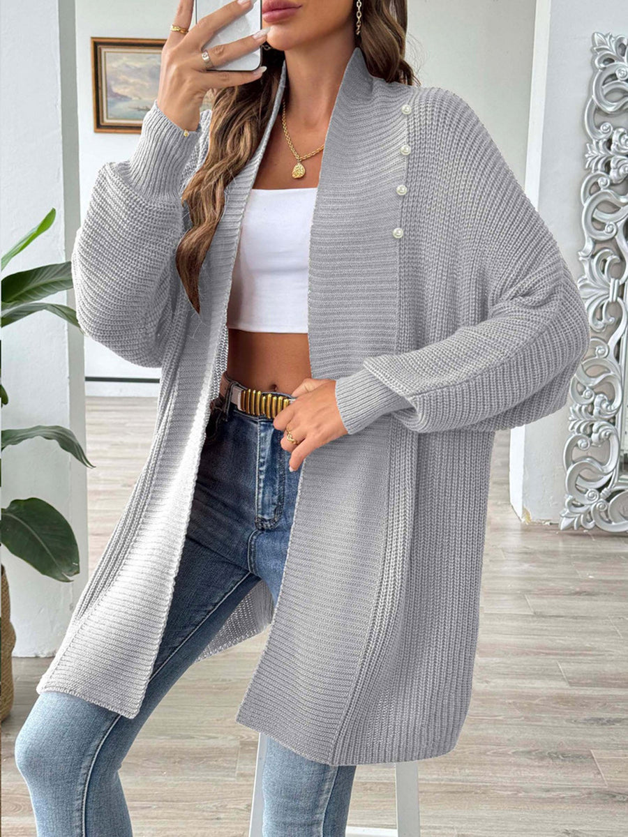 Solid Color Ribbed Loose Long Sleeves Stand Collar Cardigan Tops