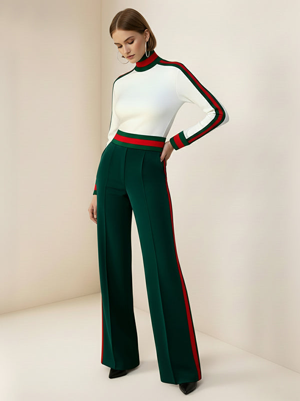 Long Sleeves Skinny Contrast Color Split-Joint Striped High Neck T-Shirts Tops