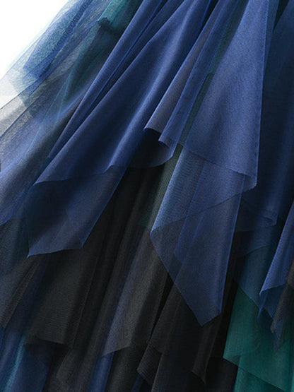 Urban Green Blue Contrast Color Irregular A-Line Gauze Skirts