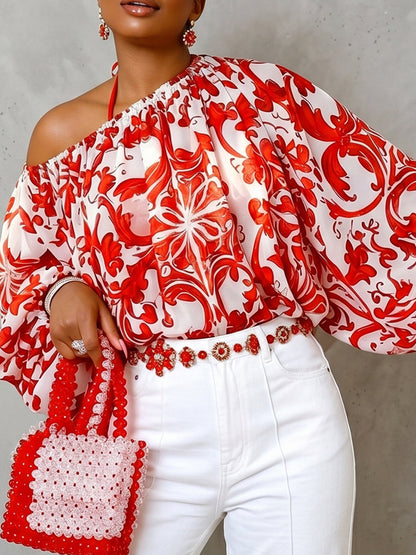 Long Sleeves Puff Sleeves Contrast Color Elasticity Flower Print One-Shoulder Blouses&Shirts Tops