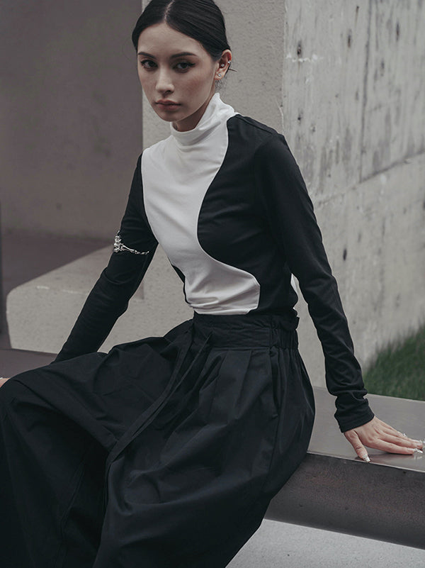 T-shirts urbains skinny à manches longues et col montant asymétriques contrastés 