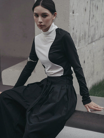 T-shirts urbains skinny à manches longues et col montant asymétriques contrastés 