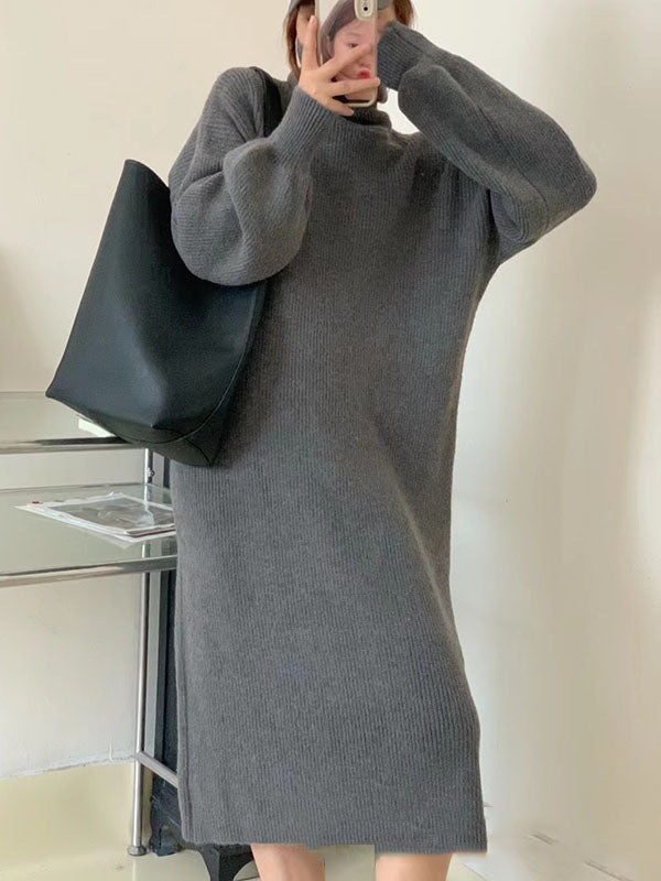 Long Sleeves Loose Solid Color High Neck Midi Dresses Sweater Dresses