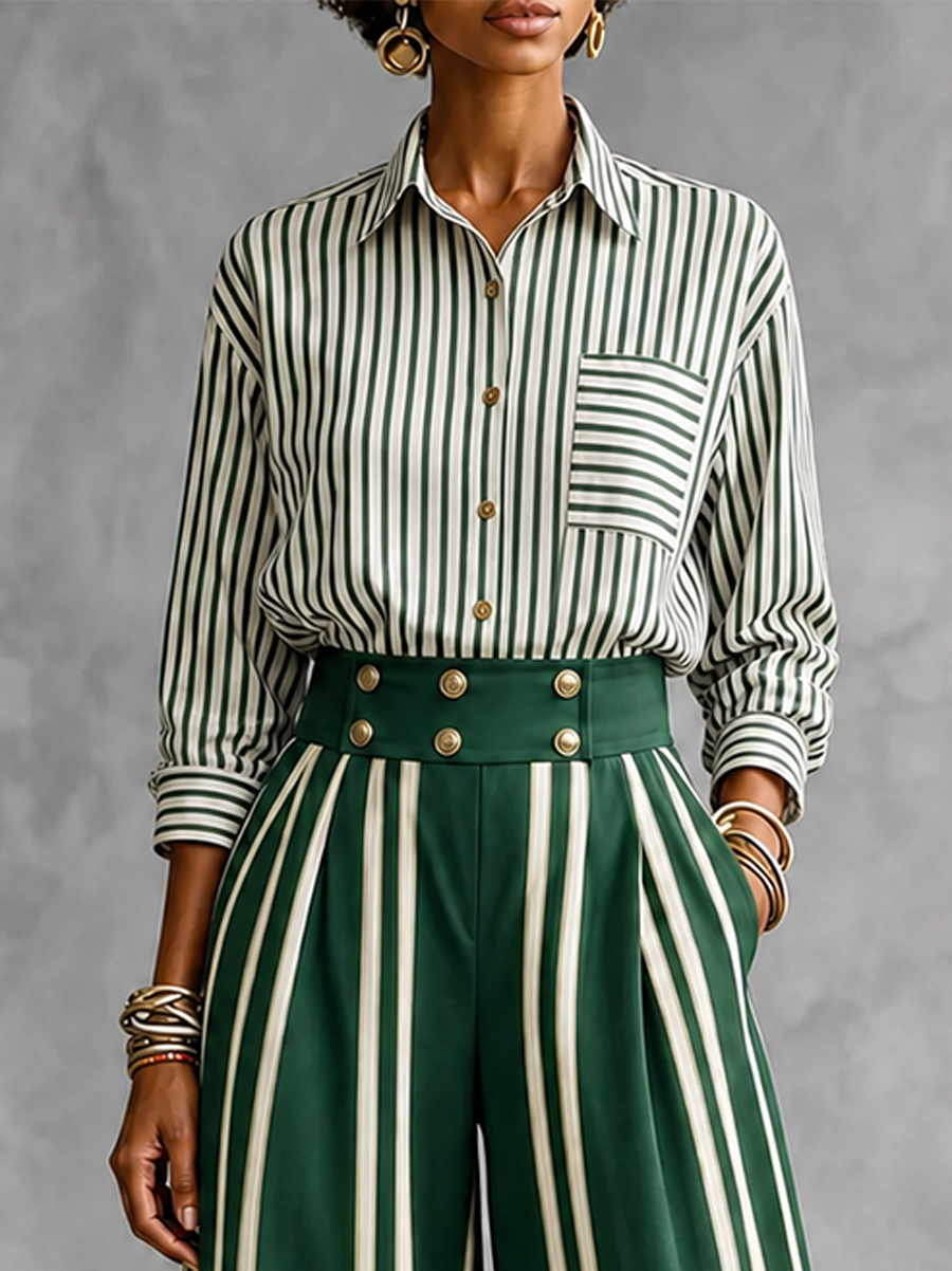 Striped Split-Joint Contrast Color Buttoned Three-quarter Sleeves Loose Lapel Blouses&shirts Tops