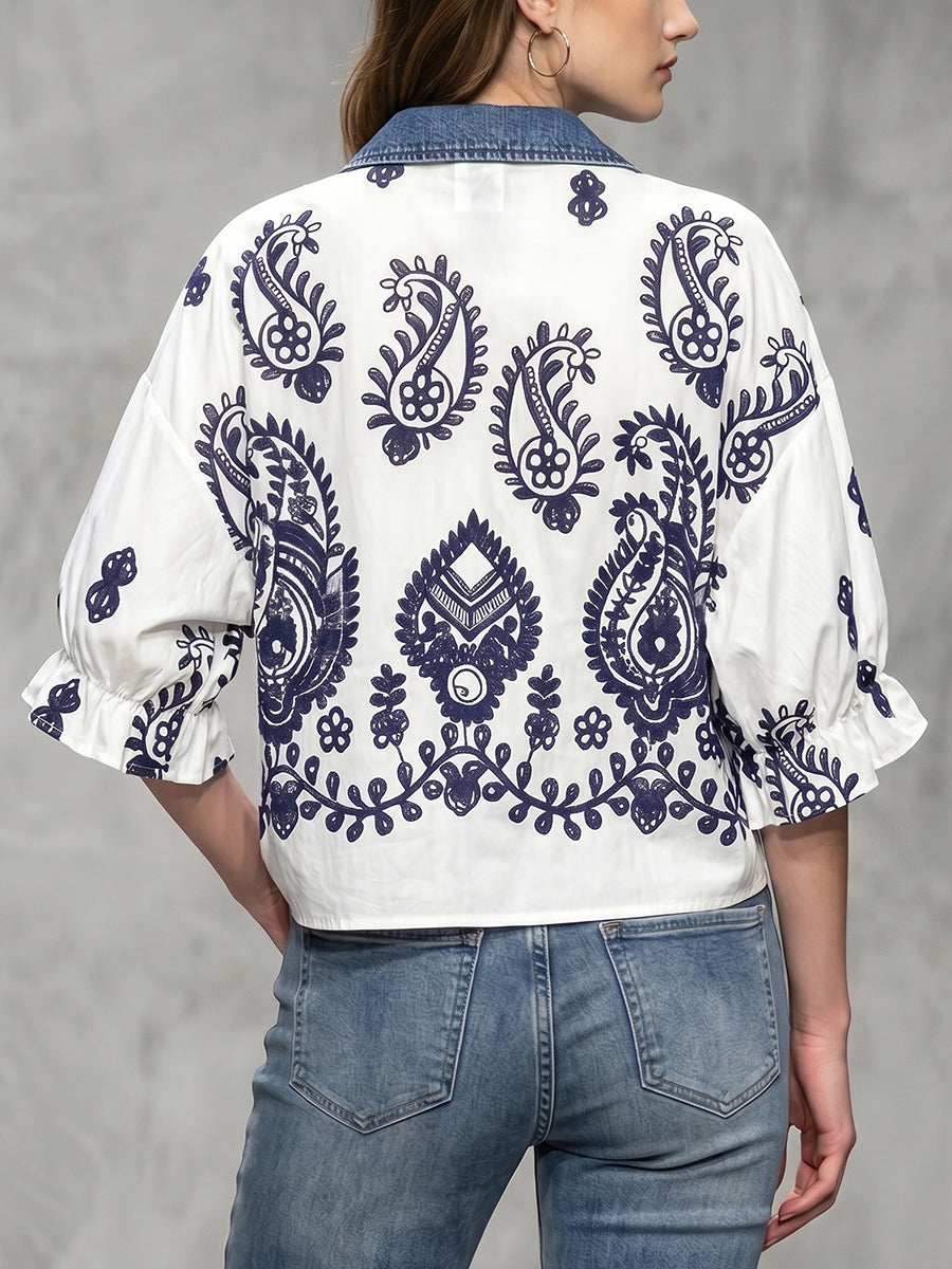 Ruffle Sleeves Three-Quarter Sleeves Embroidered Pleated Split-Joint Lapel Blouses&Shirts Tops