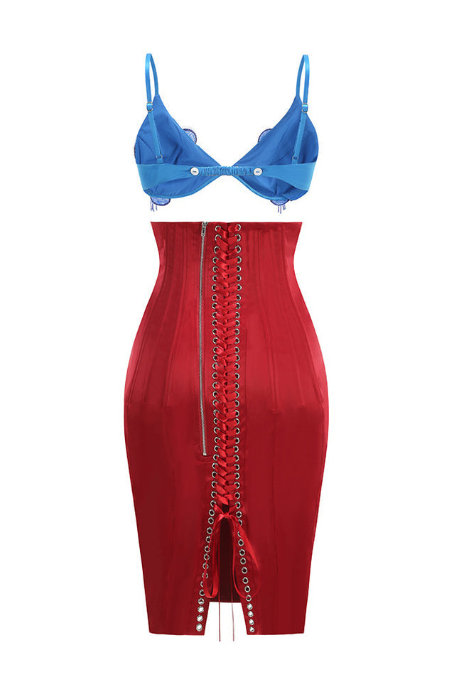 Beaded Applique Lace Up Midi Dress