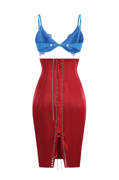 Beaded Applique Lace Up Midi Dress