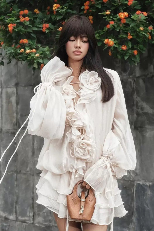 Olive Puff Sleeve Tiered Mini Dress