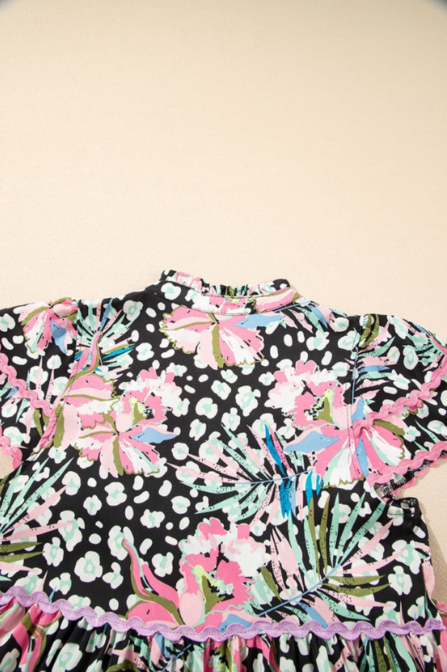 Leopard Floral Print Wavy Embellished Mini Dress