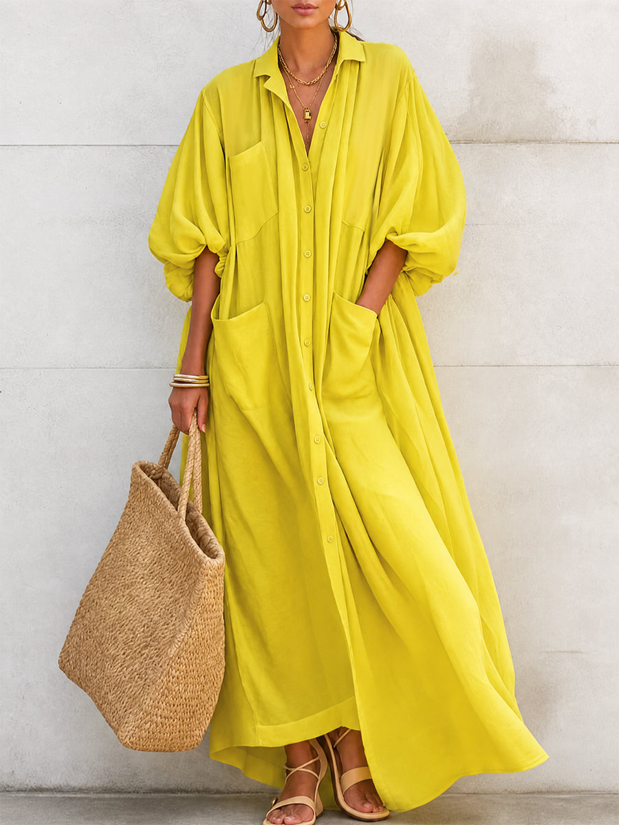 Solid Color Pockets Buttoned Puff Sleeves Half Sleeves Lapel Shirt Dress Maxi Dresses