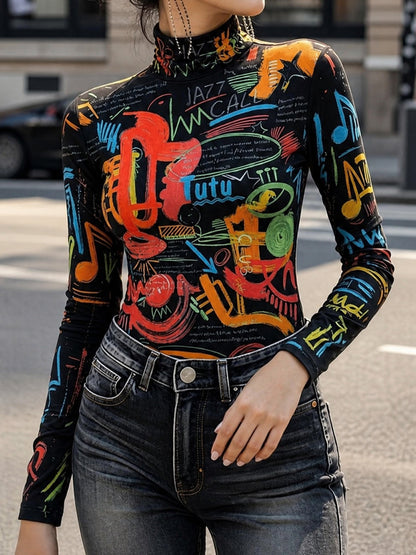 Printed Letter Print Contrast Color Skinny Long Sleeves Mock Neck T-Shirts Tops