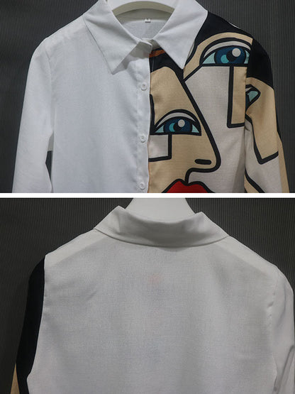 Stylish Asymmetric Abstract Printed Lapel Long Sleeves Blouse Tops