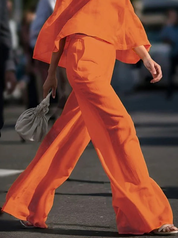 Loose Wide Leg Pockets Solid Color Pants Trousers ORANGE