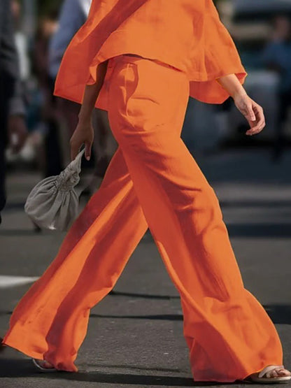 Loose Wide Leg Pockets Solid Color Pants Trousers ORANGE